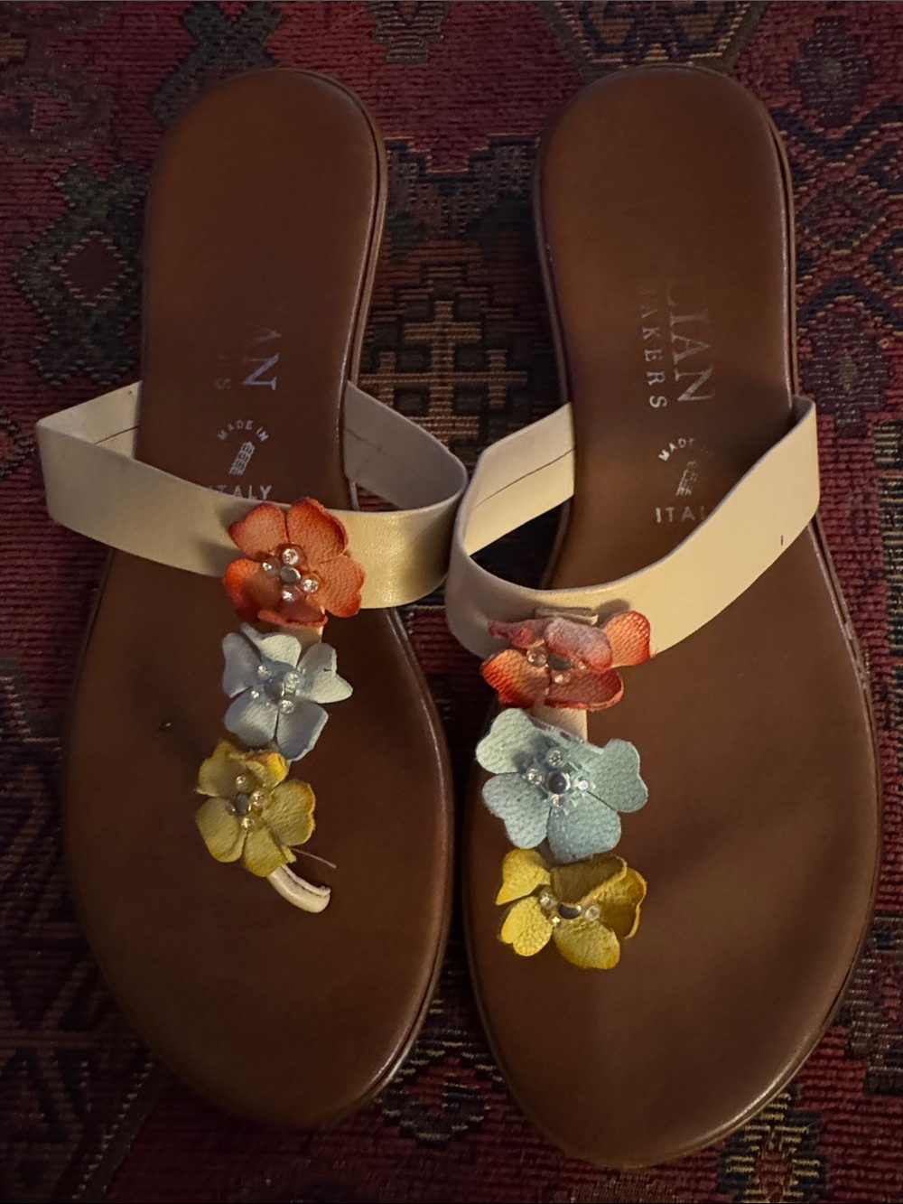 Italian Shoemakers Cream Strap Sandals with Multicolor Floral Accents